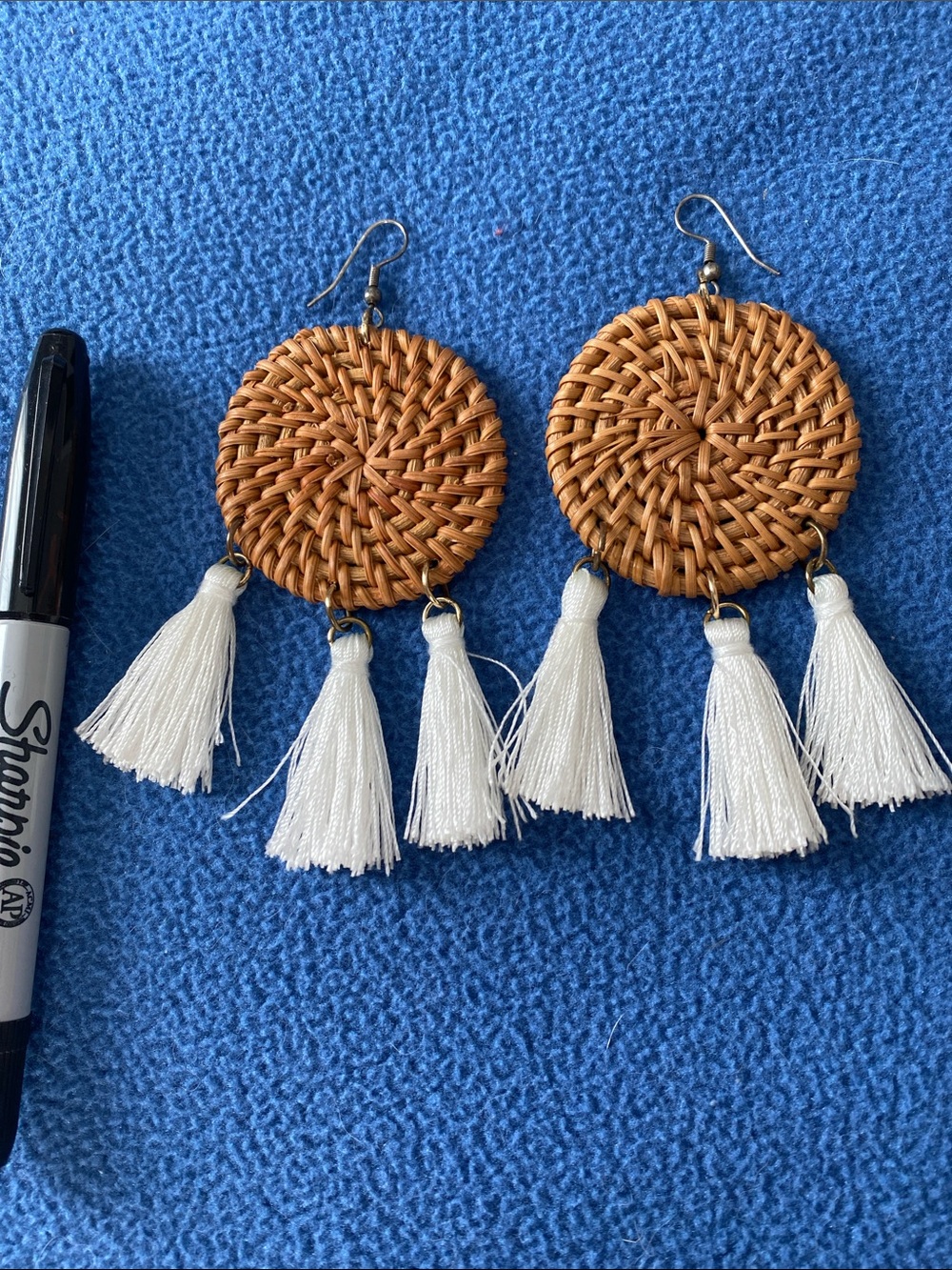 Woven Rattan Disc Tassel Earrings - White Tassels